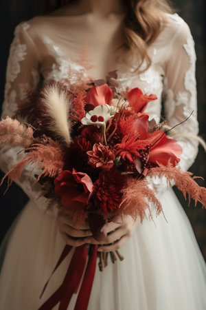 Bouquet of red flowers in the hands of the bride.の素材