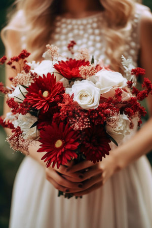 Beautiful wedding bouquet in hands of the bride, close-upの素材