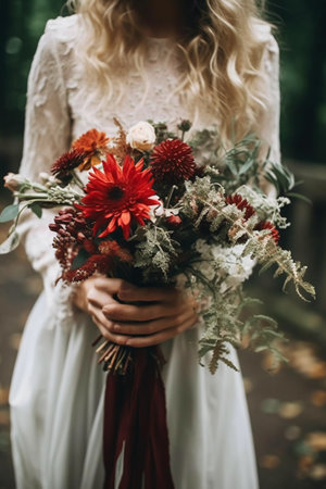 wedding bouquet in the hands of the bride in a white dressの素材
