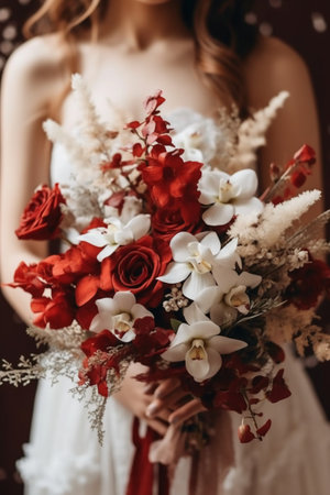 beautiful bouquet of red and white flowers in the hands of the brideの素材