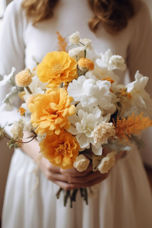 A girl in a white dress holds a beautiful bouquet of flowers in her hands.の素材