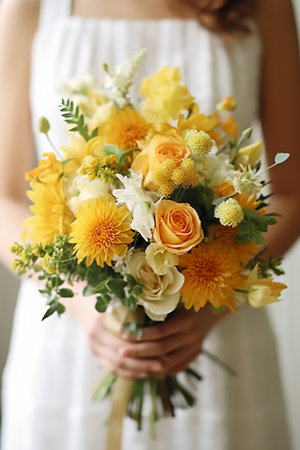 Beautiful wedding bouquet in hands of the bride, close-upの素材
