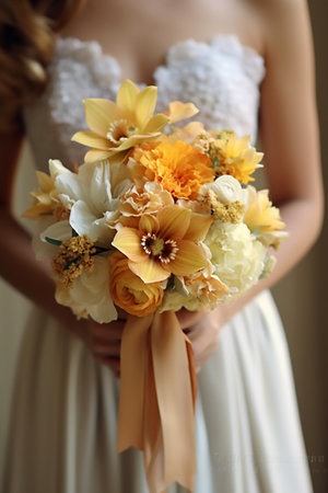 Beautiful bridal bouquet in hands of the bride, close-upの素材