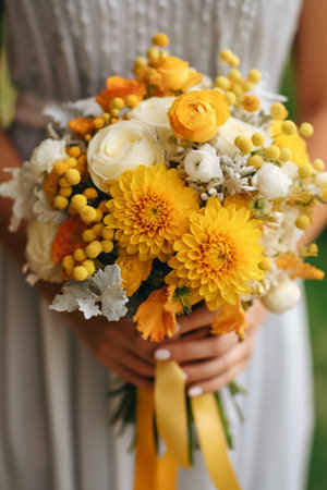 Bouquet of yellow and orange flowers in the hands of the brideの素材