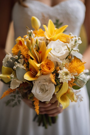 Bridal bouquet in hands of the bride. Close-upの素材