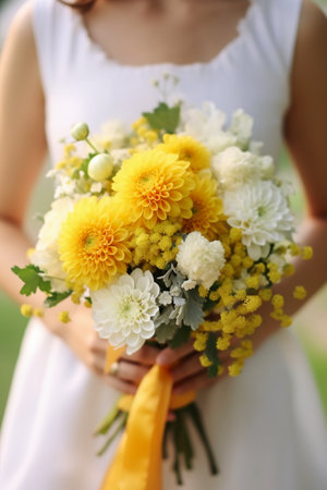 wedding bouquet of chrysanthemums in the hands of the brideの素材