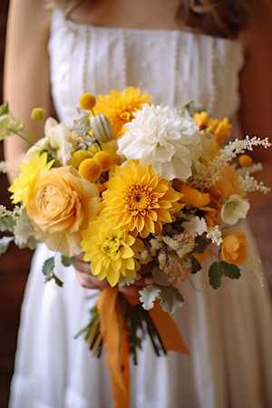 beautiful wedding bouquet in the hands of the bride in a white dressの素材