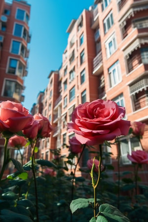 Roses in front of a multi-storey building in New York Cityの素材