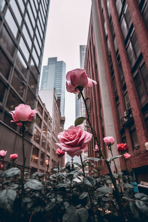 Beautiful pink roses on the background of skyscrapers in New York Cityの素材