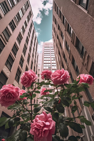 A low angle shot of pink roses growing in front of tall buildingsの素材