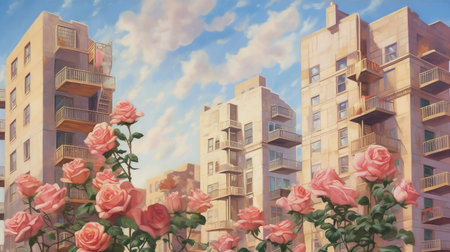 Cityscape with pink roses on a background of buildings and blue skyの素材