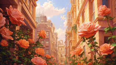 New York City street view with rose flowers. Filtered image processed vintage effect.の素材