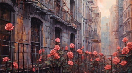 Digital painting of a street in New York City with red roses in the foregroundの素材