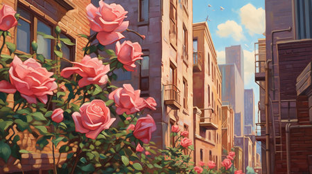 Digital painting of a street with roses in the foreground, 3d illustrationの素材