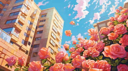 Blooming pink roses on the background of multi-storey buildingsの素材