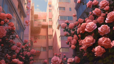 Beautiful pink roses blooming in the streets of the city.の素材