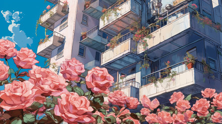 Watercolor painting of pink roses in front of a modern apartment buildingの素材