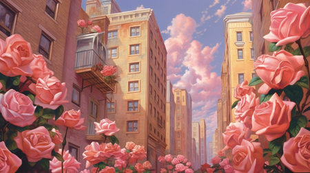Cityscape with pink roses in New York City, USA. Photo collage.の素材