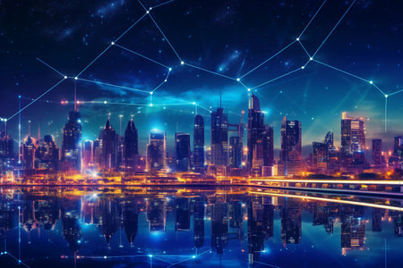 Smart city with connection lines on the background of the night city. Concept of internet of things and smart city.の素材