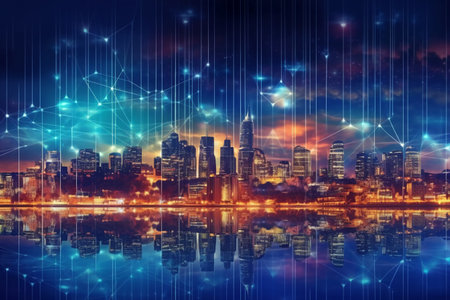 Abstract night city background with connection lines. Futuristic concept. Double exposureの素材