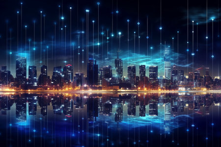 Night cityscape with glowing lights and connection lines, 3D renderingの素材