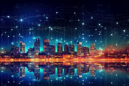 Modern cityscape with network connection on dark background. 3D renderingの素材