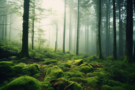 Mysterious dark forest in a foggy morning. Natural backgroundの素材