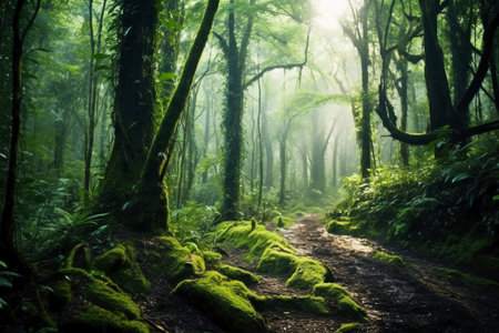 Beautiful forest in the morning with sunlight and fog. nature backgroundの素材