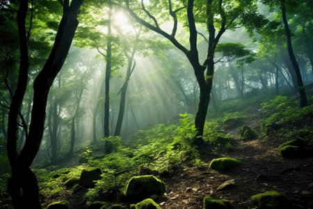 Morning fog in the forest. The sun rays through the trees.の素材