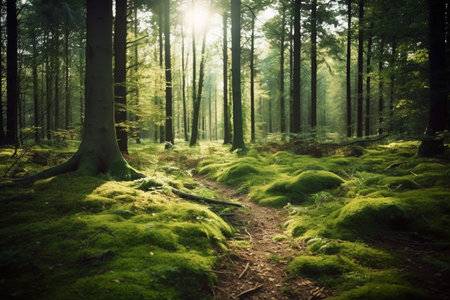 Sunlight in the green forest. Nature composition. Vintage style.の素材