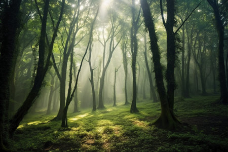 Mysterious forest with fog and sunbeams in the morningの素材