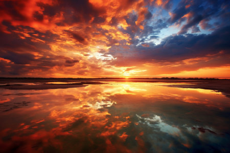 beautiful sunset over the sea with clouds and sky reflected in waterの素材