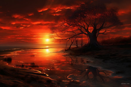 Sunset on the beach with a tree in the foreground - 3d renderの素材