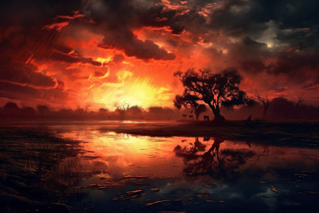 Landscape with a lake, trees and clouds in the sky.の素材