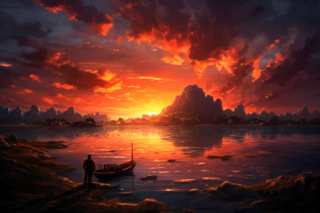 Fisherman on the beach at sunset in Thailand, digital paintingの素材