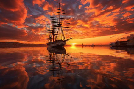 Beautiful sunset over a sailboat in the Adriatic Seaの素材