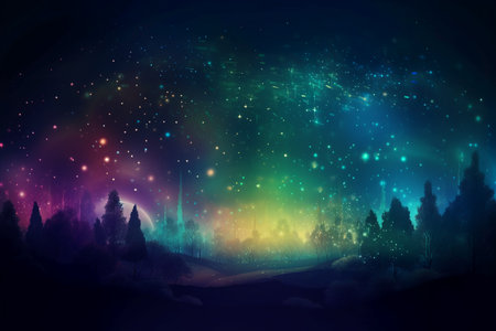 Winter forest and aurora borealis in the night. Vector illustration.の素材