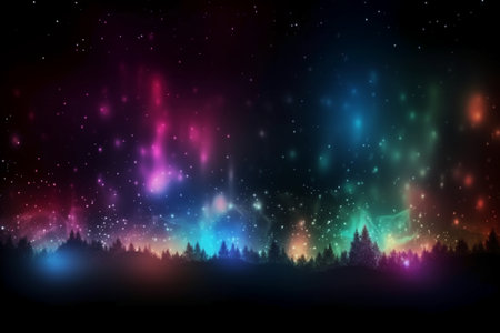 Night landscape with forest and aurora borealis. Vector illustration.の素材