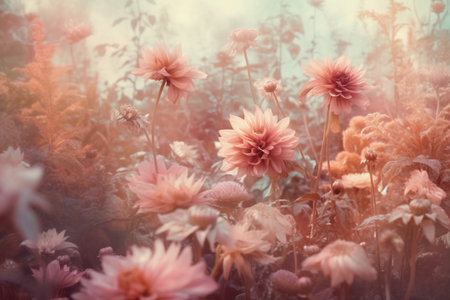 Colorful dahlia flowers in the garden with retro filter effectの素材