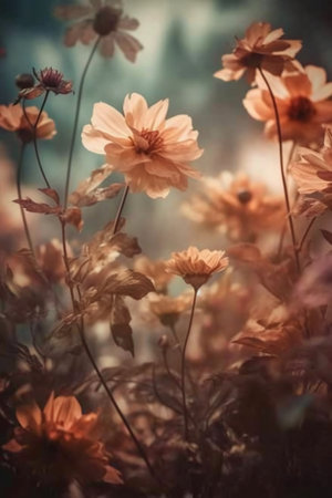 beautiful flowers in the garden, vintage color tone, soft focusの素材