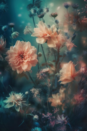 Dahlia flowers in vintage style, retro toned image.の素材