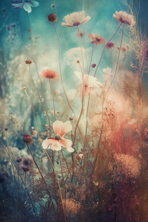 Vintage meadow with colorful flowers, retro toned image.の素材