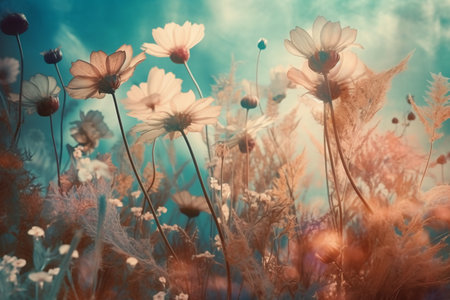 Beautiful flowers in the meadow, vintage toned photo.の素材