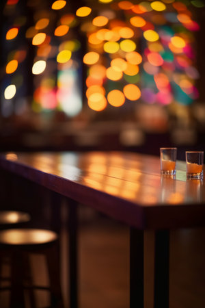 Tequila shot on bar counter in pub with defocused lightsの素材