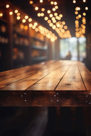 Empty wooden table in front of blurred background of coffee shop or restaurantの素材