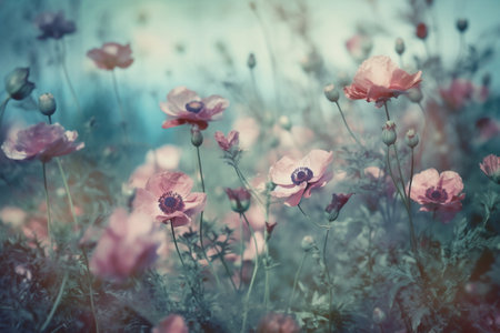 Poppy flowers in a meadow - retro, vintage style lookの素材