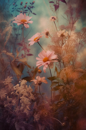 floral background - flowers and plants in grunge and retro styleの素材