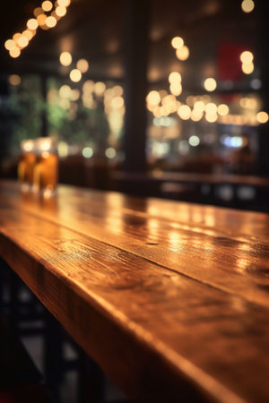 Empty wooden table in a pub or restaurant with bokeh backgroundの素材