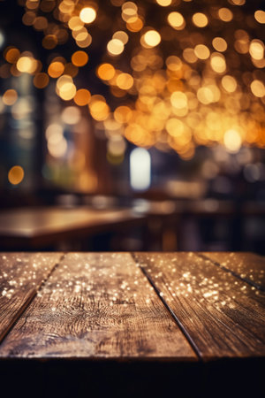 Empty wooden table and abstract bokeh background of night club.の素材