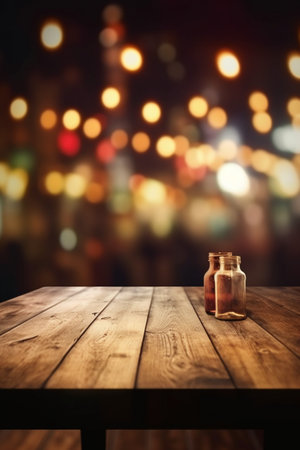 Empty wooden table and blurred background with bokeh lights. For product displayの素材
